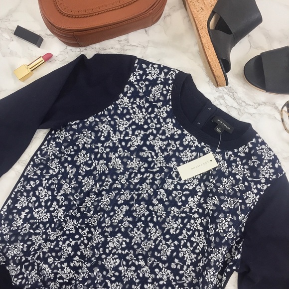 Ann Taylor Sweaters - Ann Taylor Floral Eyelet 3/4 Sleeve Navy Sweater